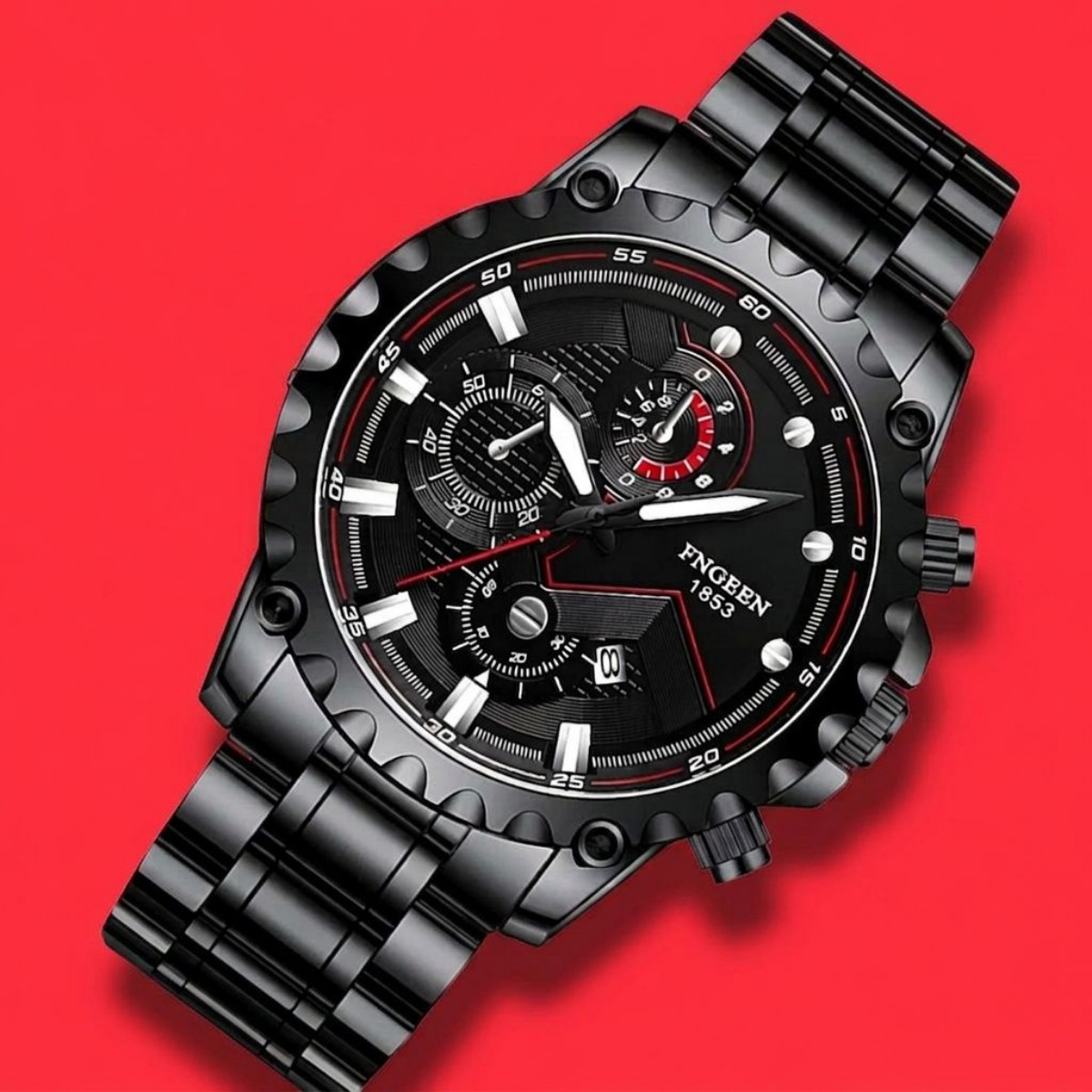 Men Waterproof Sport Watch Stainless Steel Quartz Luminous Black Dial Wristwatch