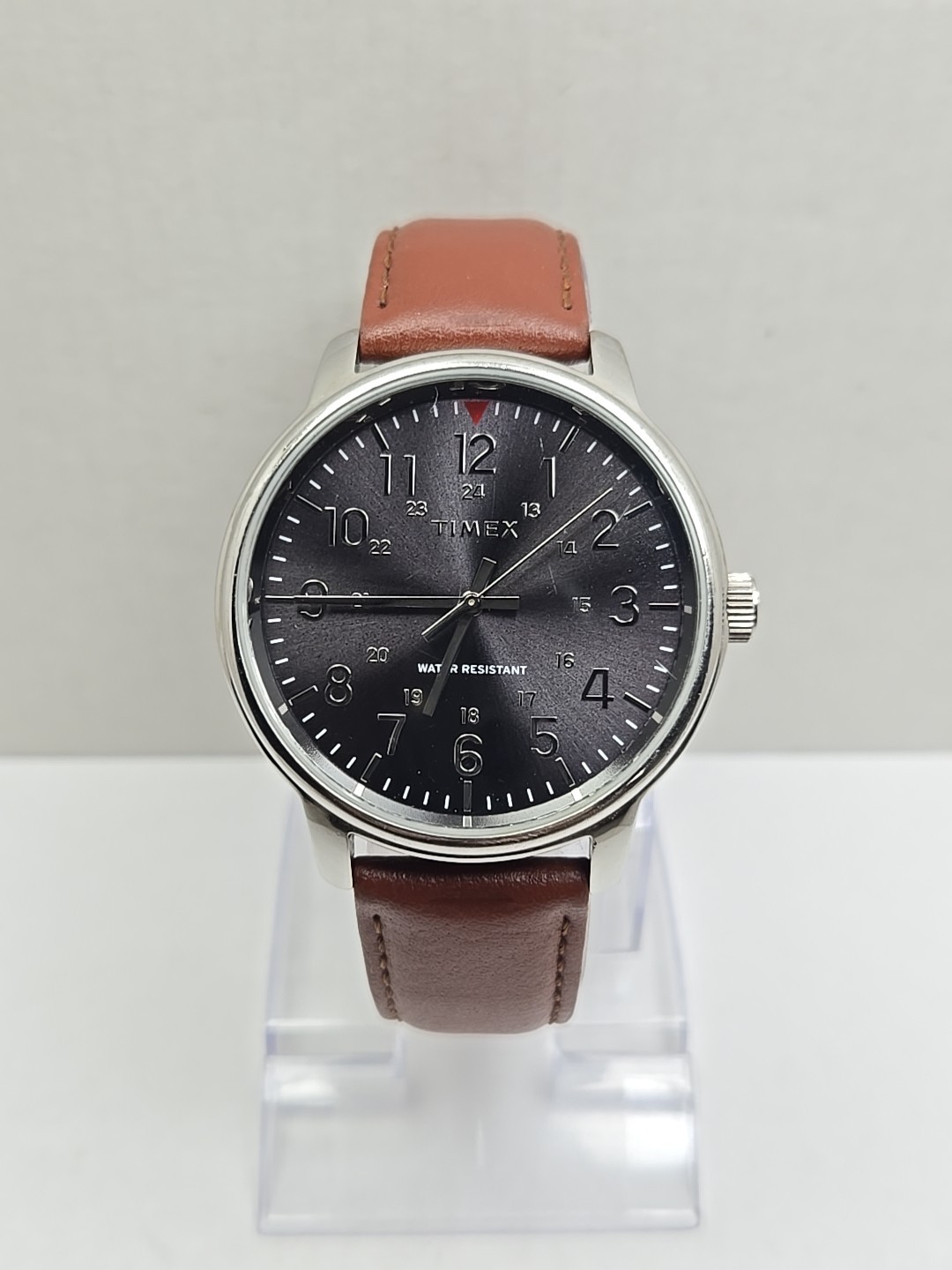 Mens Timex Classic Core 43mm Black Dial Brown Leather Watch New Battery Quartz
