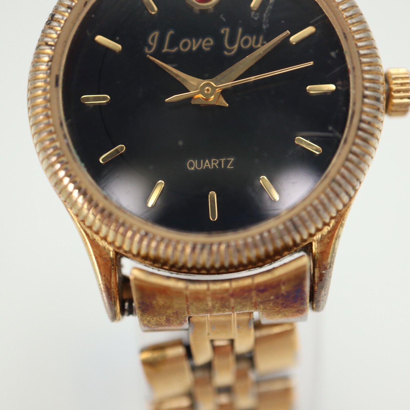 Womens Gold Tone “I Love You” Watch 25mm Black Dial w Red Gem Bracelet Working