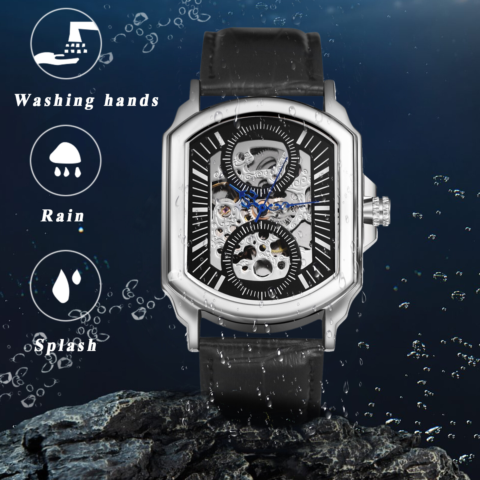 Business Men Square Hollow Automatic Mechanical Genuine Leather Band Wrist Watch