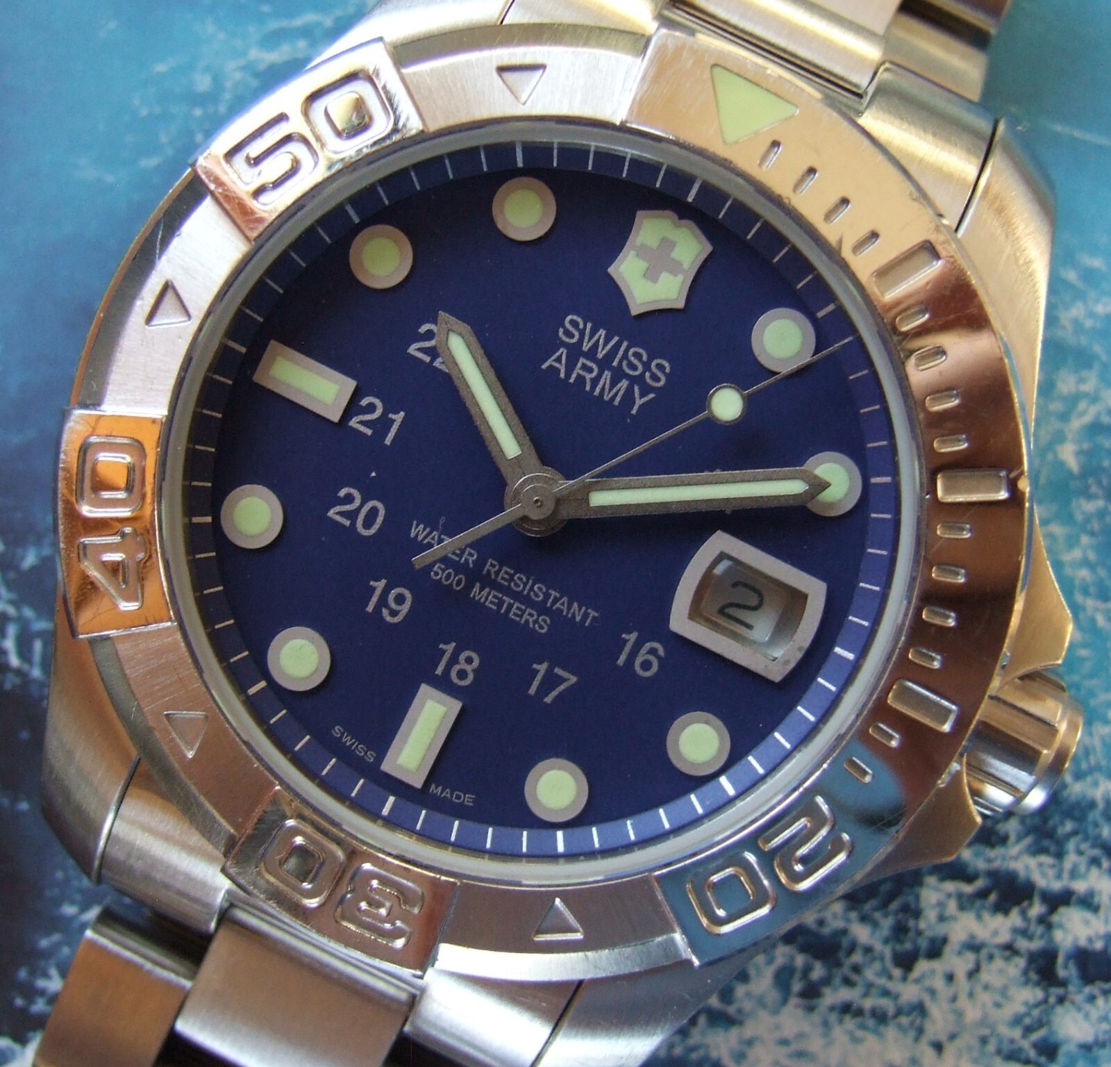 SWISS ARMY Men DIVE MASTER 500~BLUE Dial~43mm~SS BRACELET+New Leather Strap~NICE