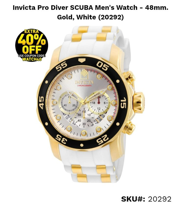 Invicta Pro Diver SCUBA Men’s Quartz Chronograph Date 48mm Gold/White 100m