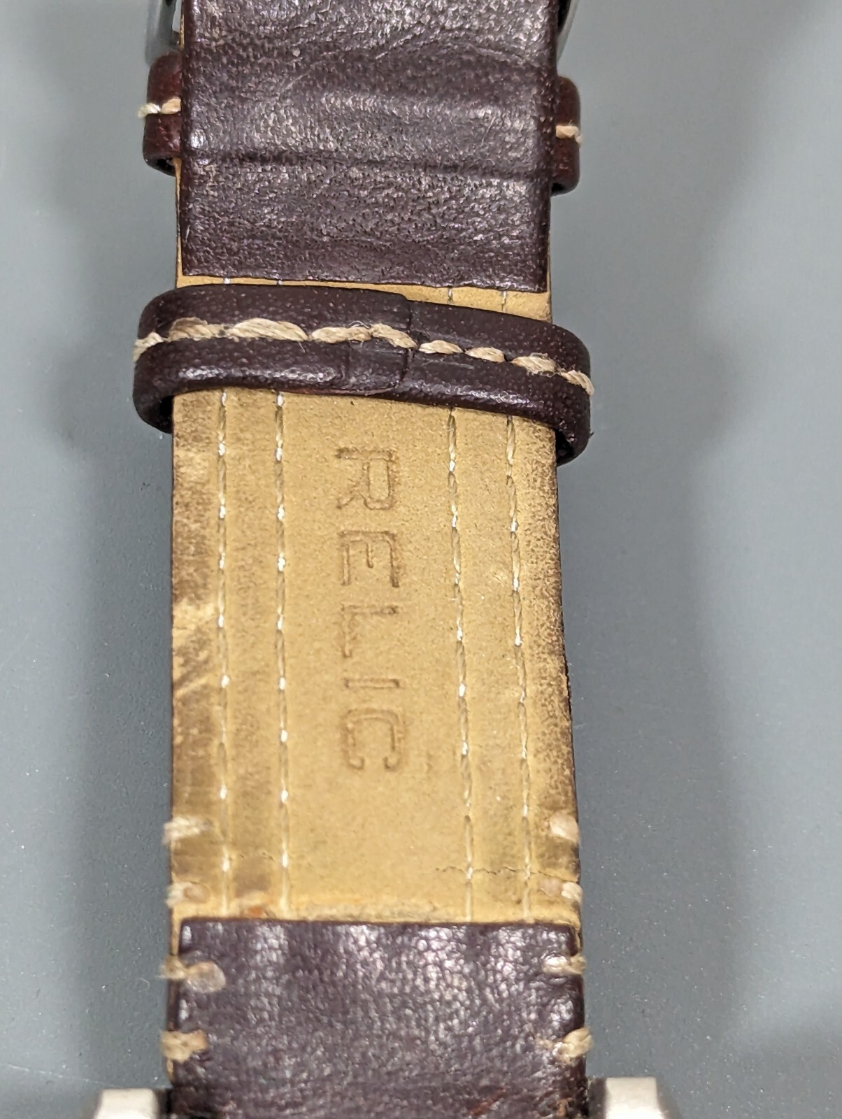 Relic Blue Dial Silver Tone Rectangle Case Brown Leather Band Watch