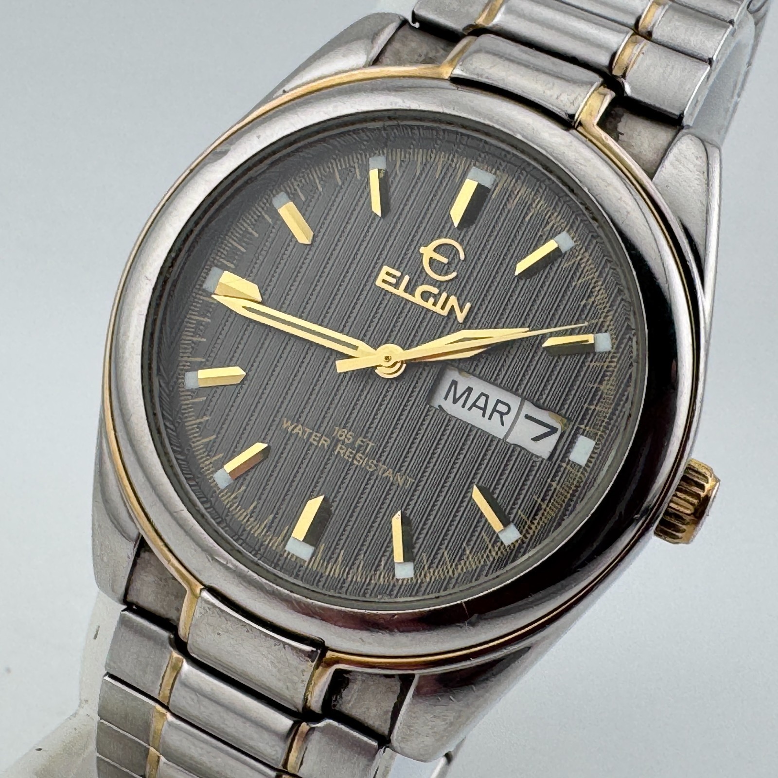 Vintage Elgin Quartz Watch Men 50m Dual Tone Day Date Stretch Analog New Battery