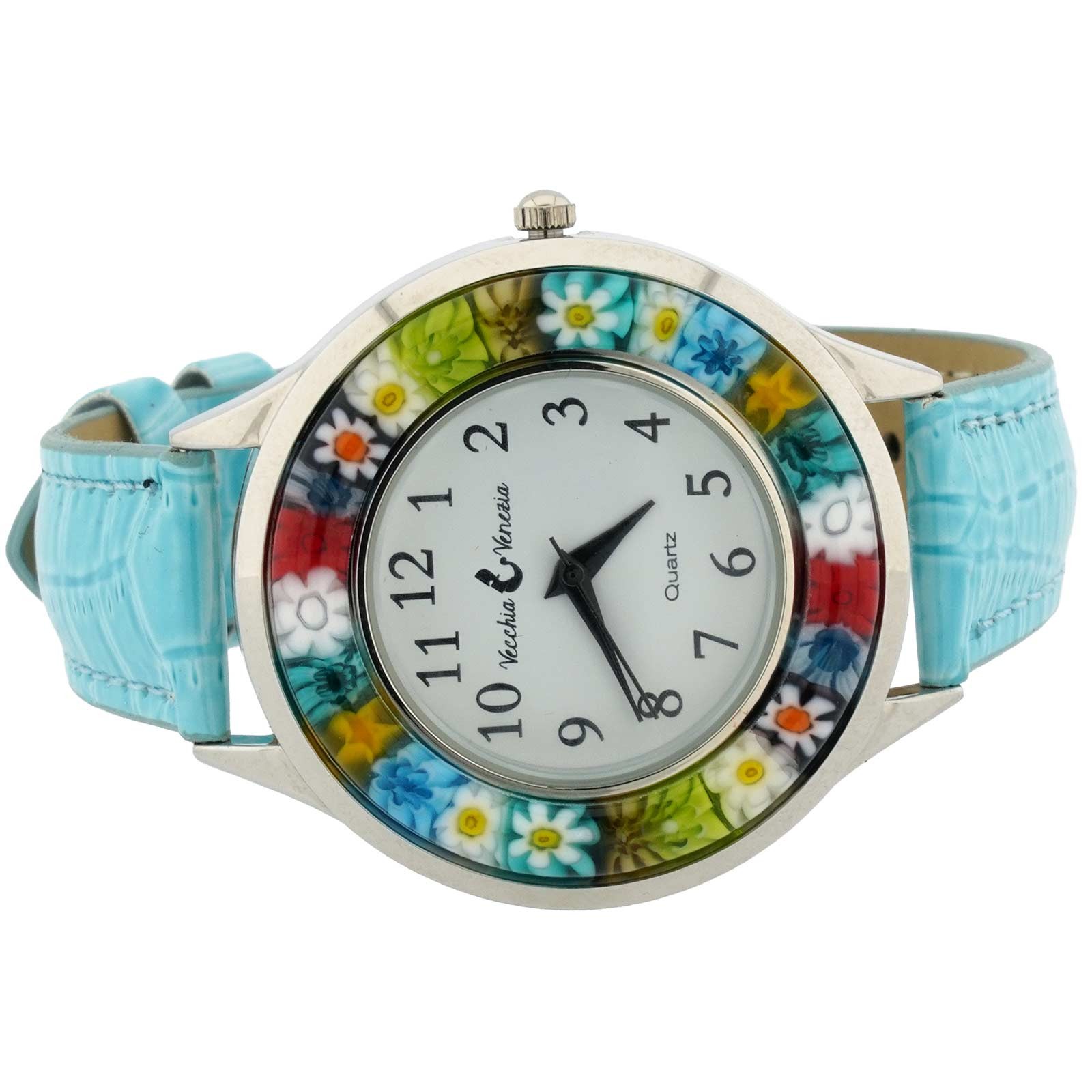 GlassOfVenice Serena Murano Millefiori Watch With Leather Band – Light Blue