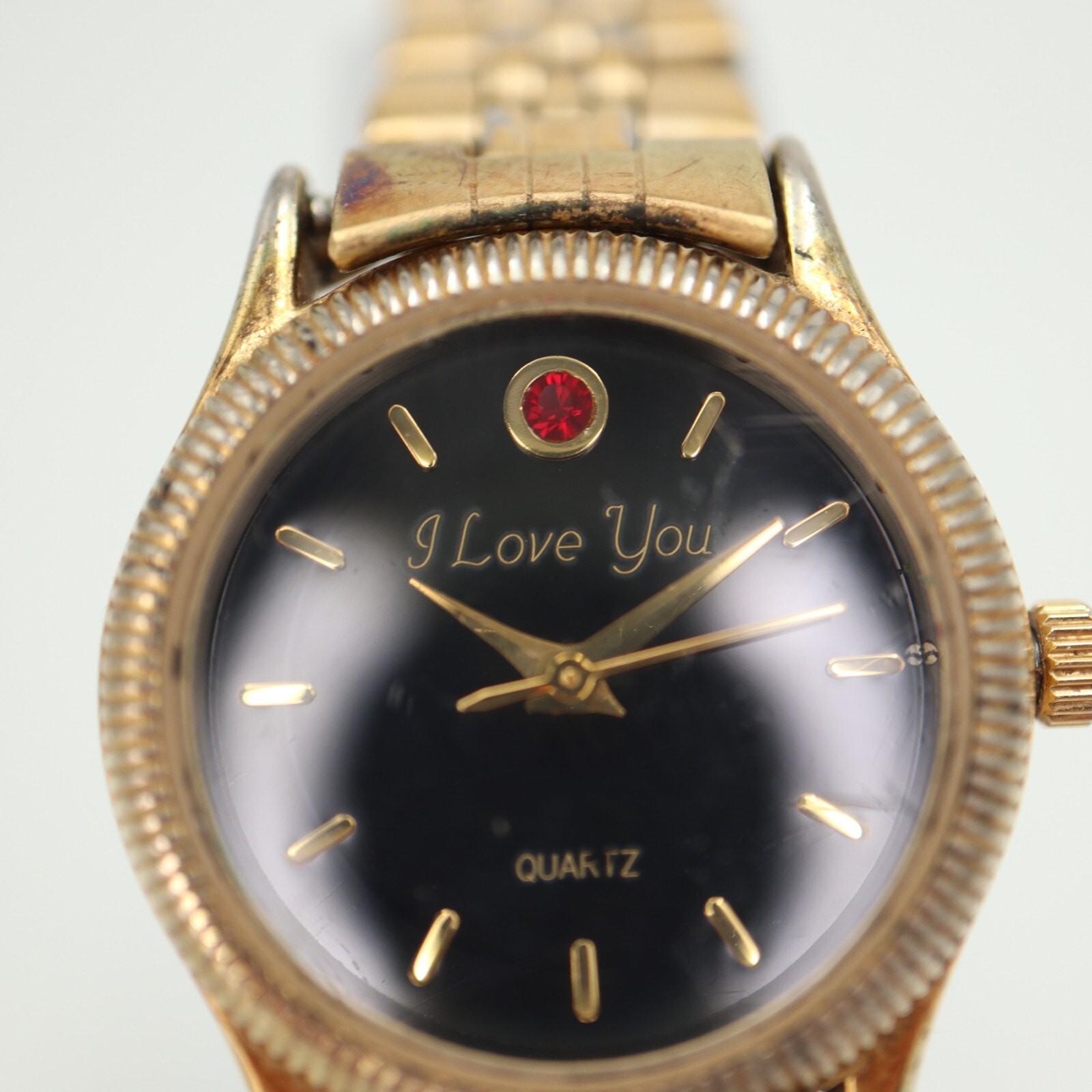 Womens Gold Tone “I Love You” Watch 25mm Black Dial w Red Gem Bracelet Working