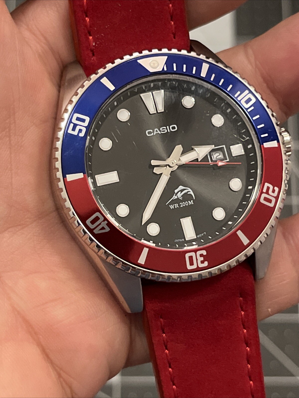 Casio MDV-106 Pepsi Bezel Quartz Watch Large Men’s 22mm Red Suede Band