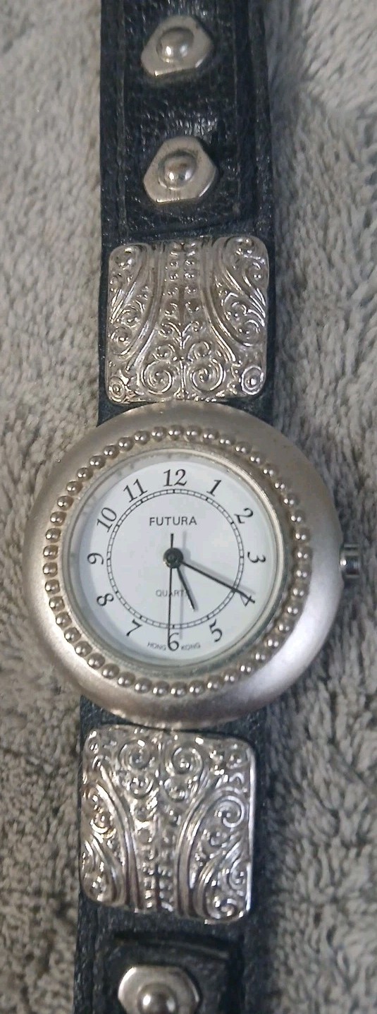 Vtg Futura Quartz Watch Women Silver Ornate Black Leather Band Needs Battery