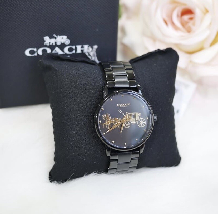 NWB 14502925 AUTHENTIC Coach BLACK Dial Watch Grand Stainless Steel LinkBracelet
