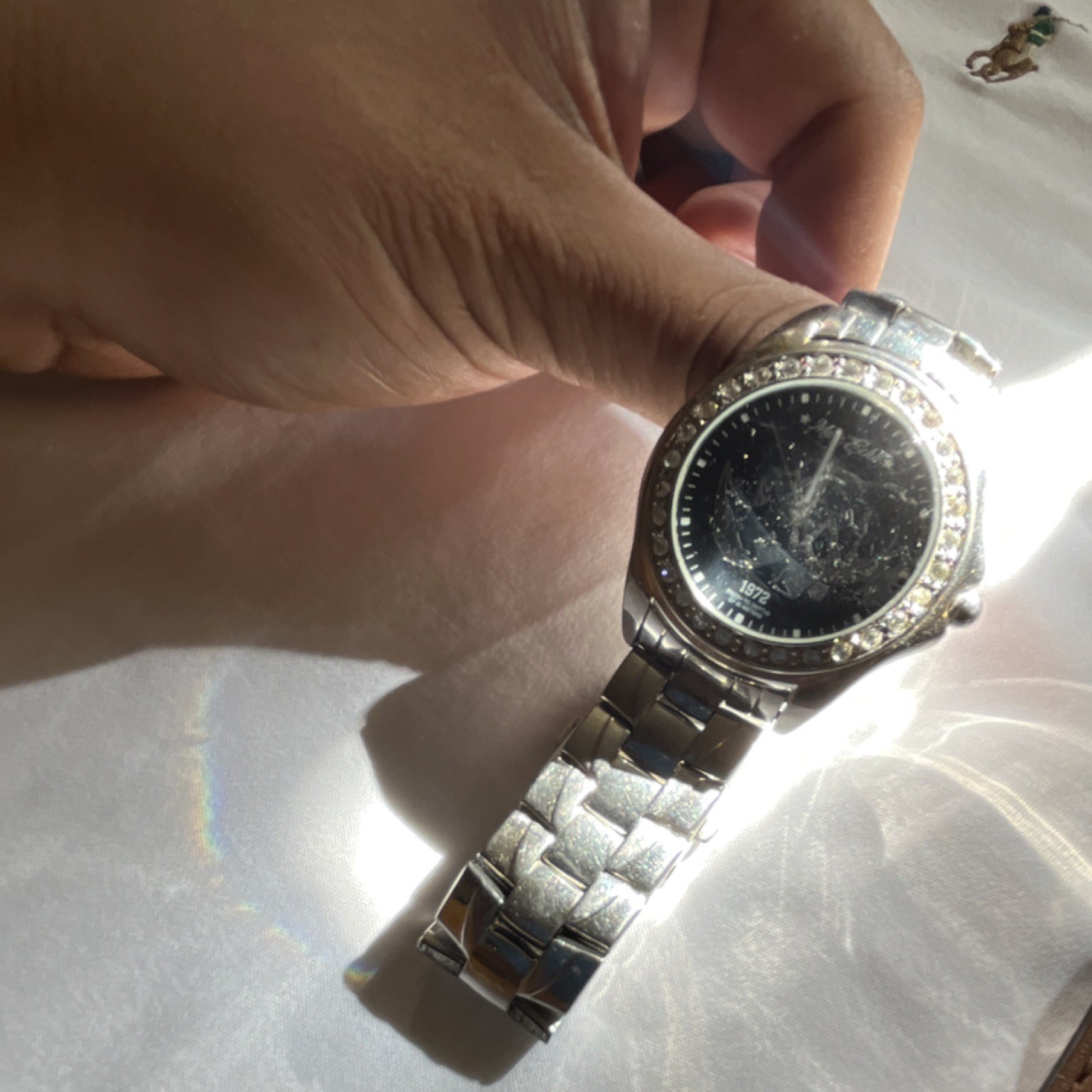 Echo Gemmed Silver Metal Analog Wristwatch Black Dial Bracelet Baton Indexes