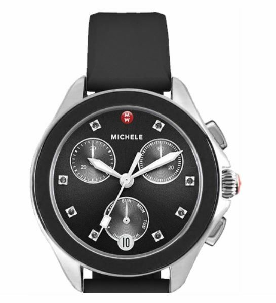 MICHELE NEW CAPE CHRONO WATCH BLACK TOPAZ SILVER SILICONE MWW27C000002 BNWT $595