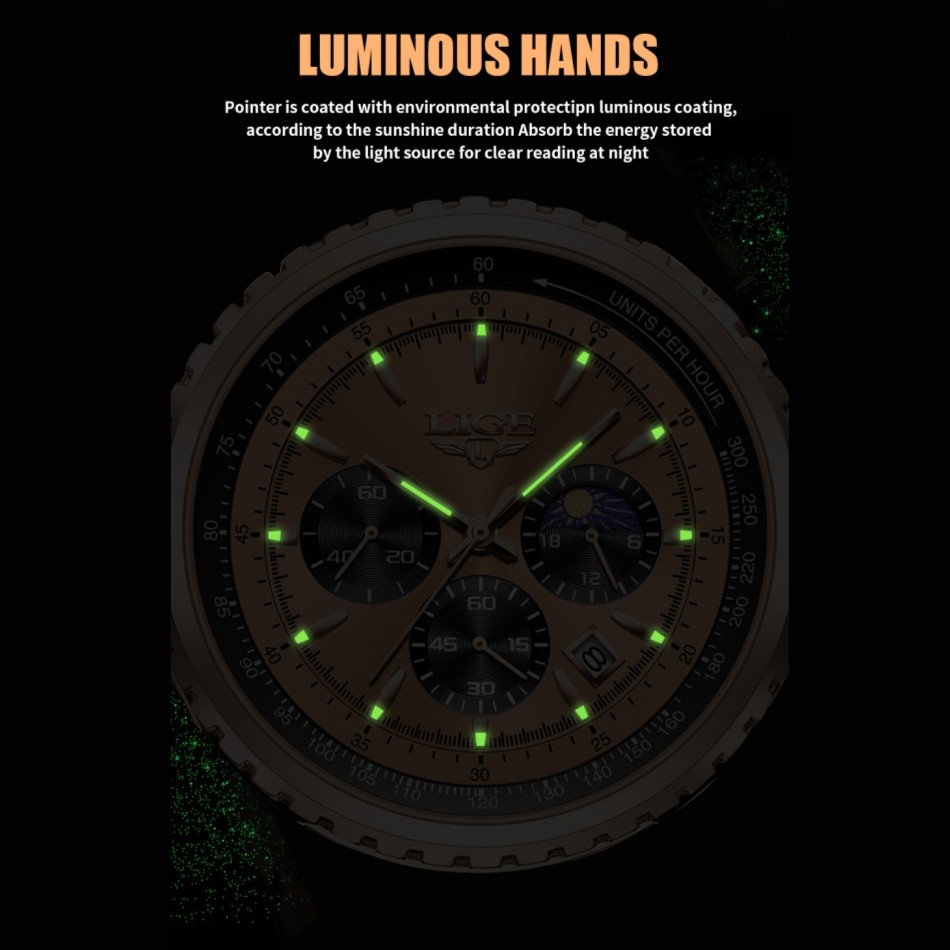 2026 Men Watch Quartz Date Moonphase Luminous Chronograph Waterproof Wristwatch