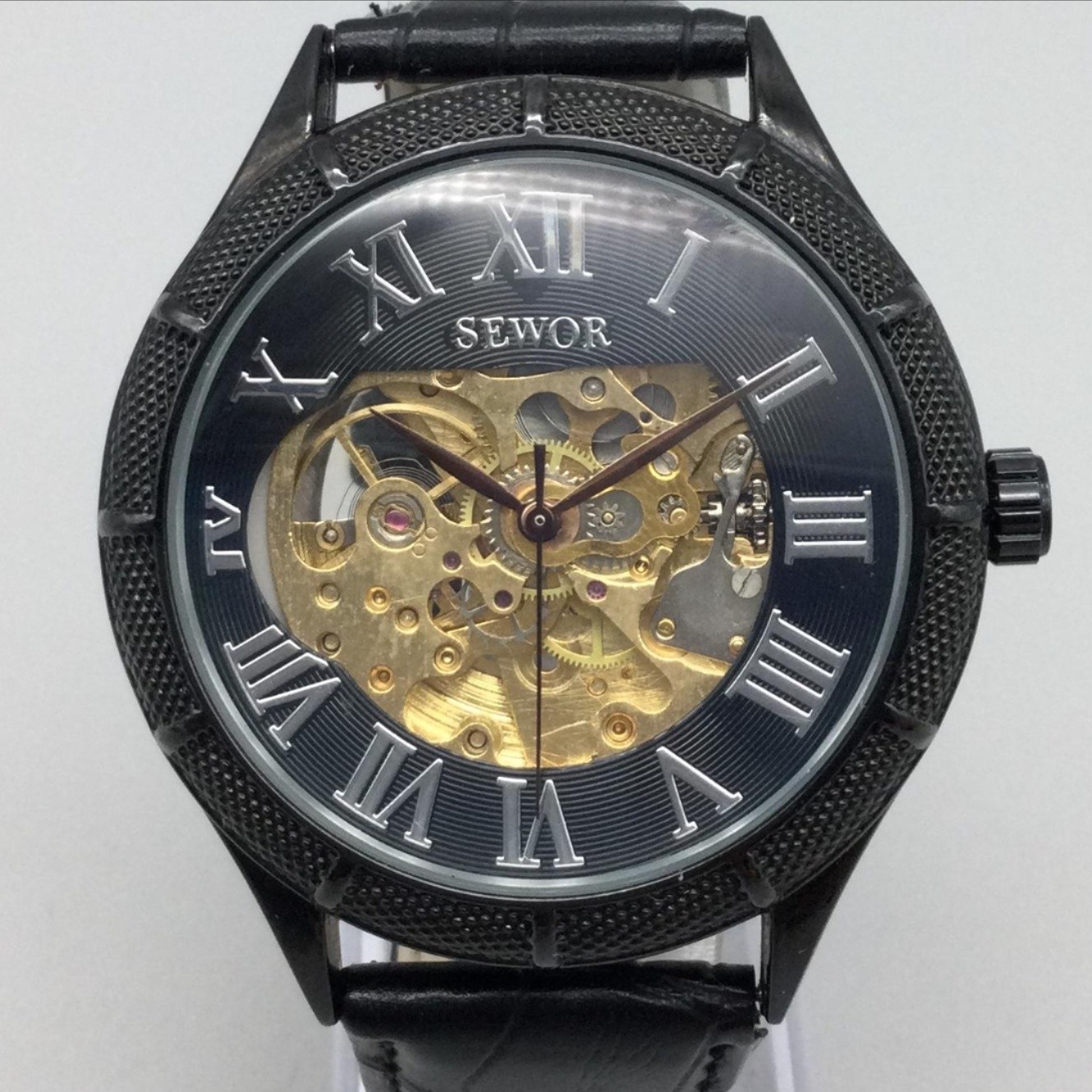 Sewor Mens Watch 45mm Gold Tone Skeleton Dial Roman Black Leather Automatic
