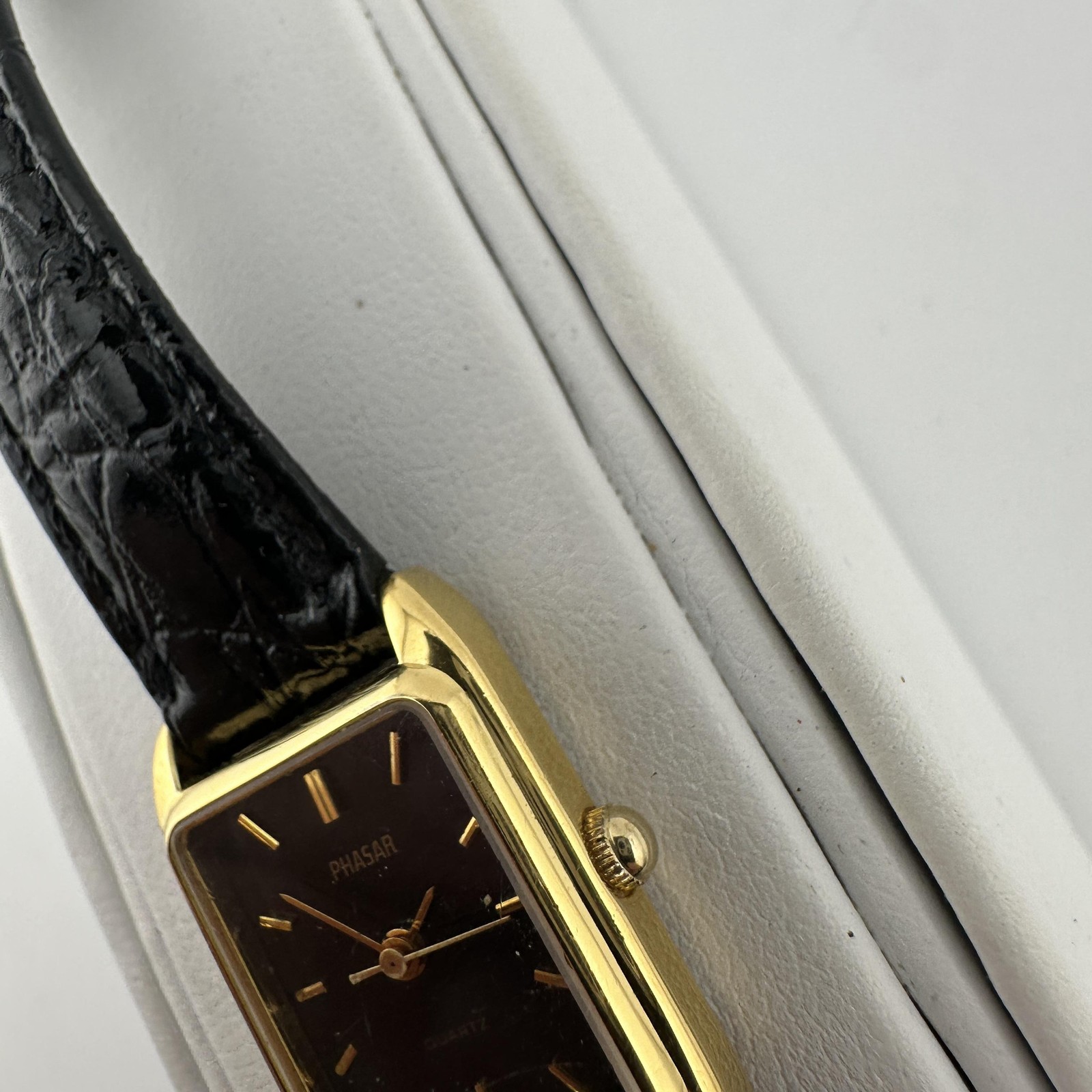 Vintage Phasar Watch Womens Rectangular Gold Tone Black Dial Quartz Japan Strap