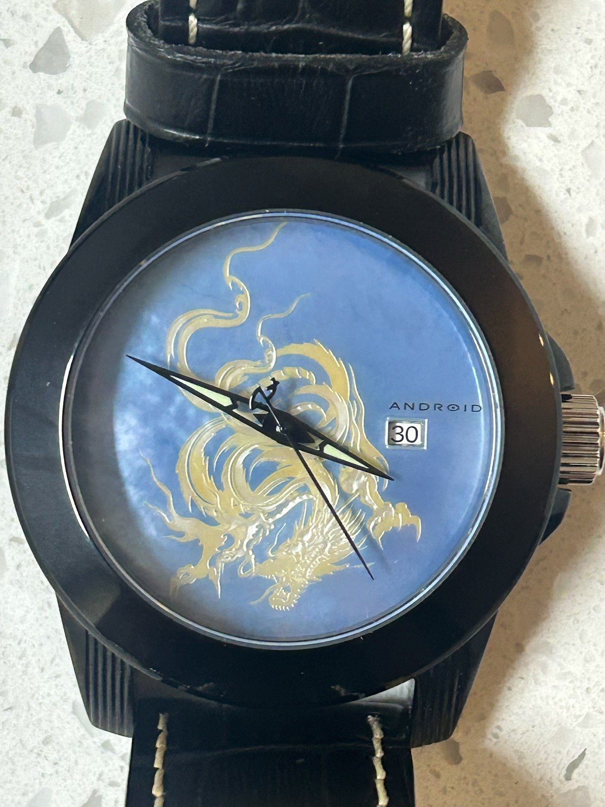 Android USA AD736 48mm 3D Flying Dragon Blue MOP Automatic Watch Black PVD