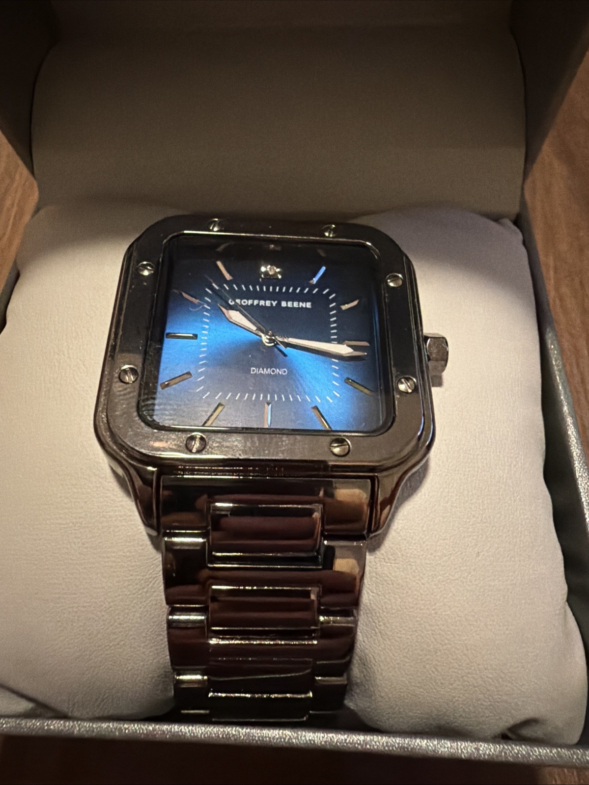 NEW Geoffrey Beene Genuine Diamond Silver & Blue Square Men’s Wrist Watch