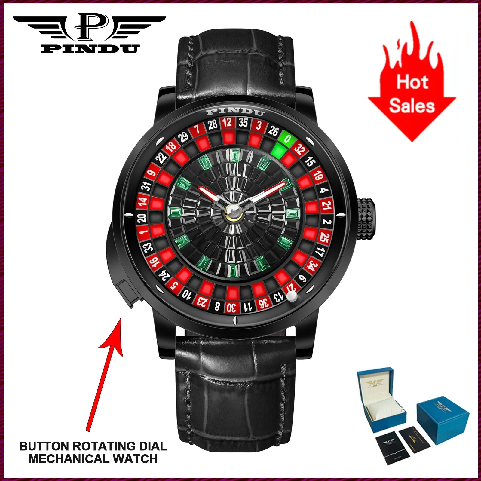 🔥USA🔥PINDU Men’s Automatic Watch 5ATM Casino Tourbillon Rotating Roulette