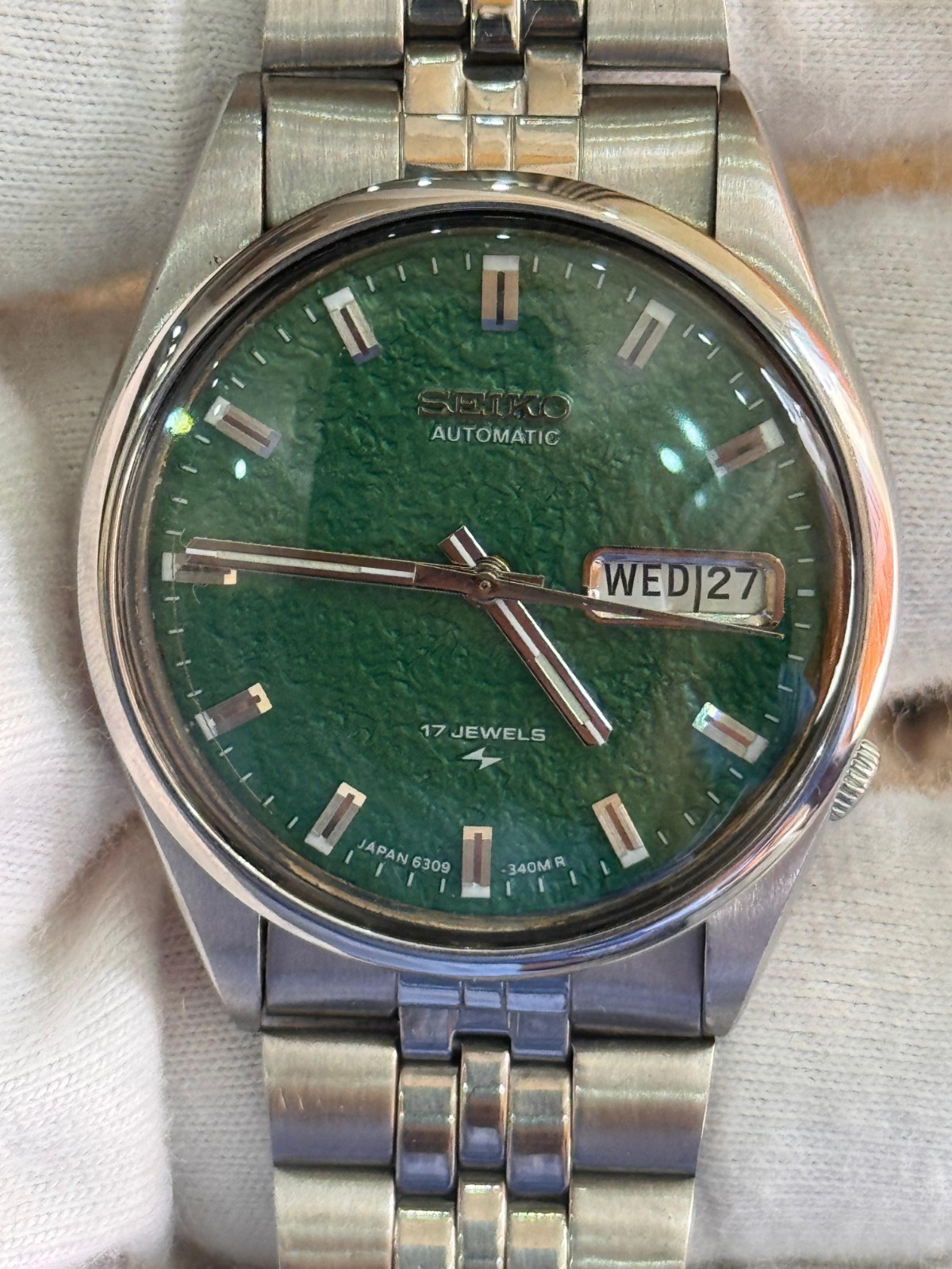 Vintage 1970s Seiko 6309 forest green Textured automatic watch – day/date,JDM