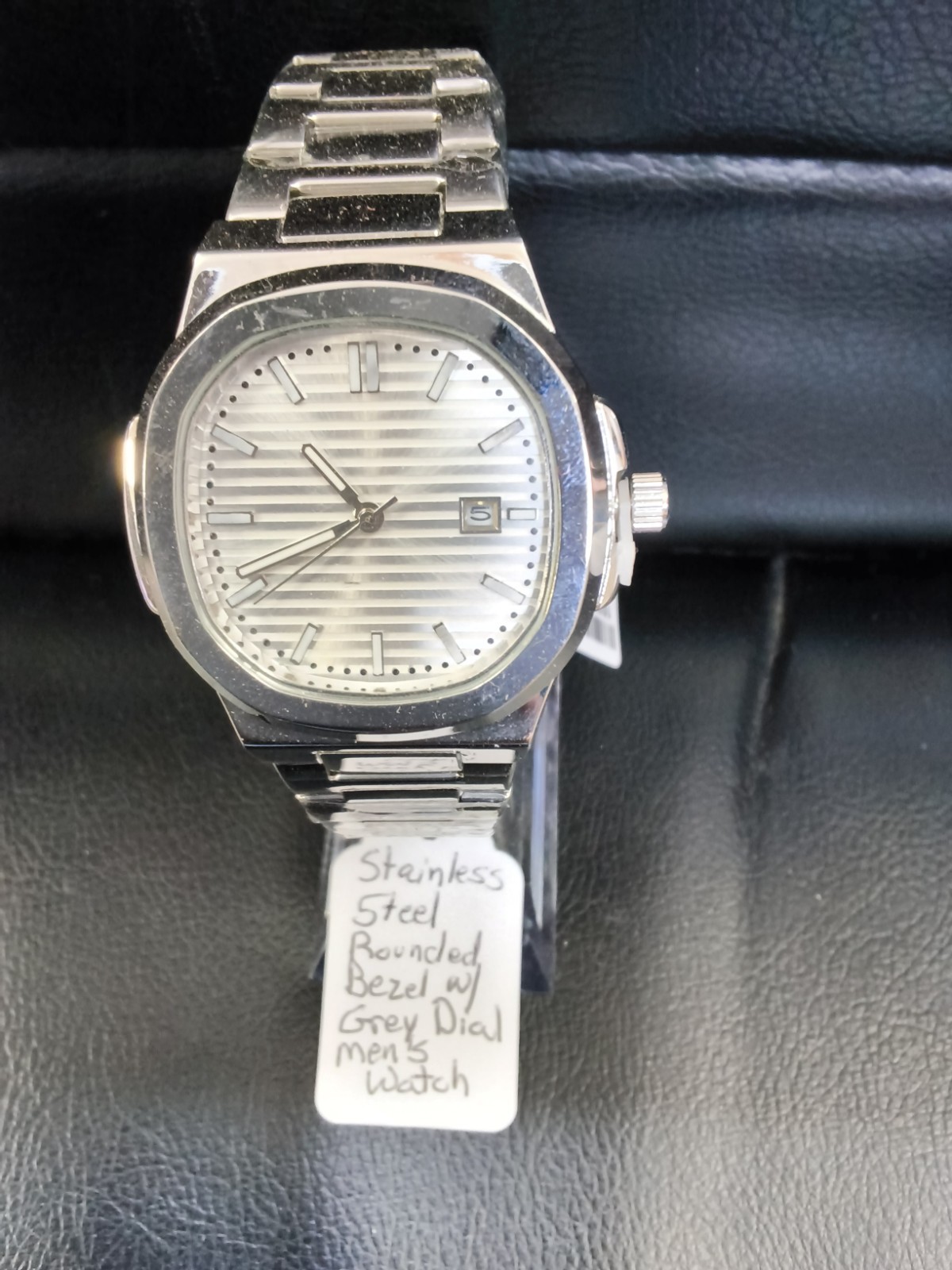 Men’s Stainless Steel Silver Watch Grey Striped Dial Date Quartz Dress…