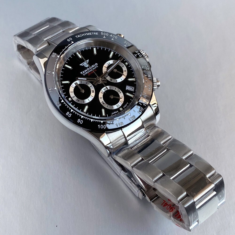 39mm Tandorio White Black Dial Full Chronograph Japan VK63 Quartz Mens Watch