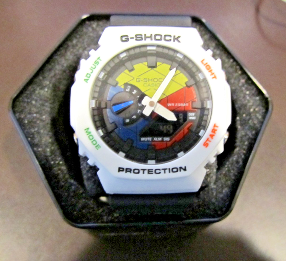 Casio G-Shock Rubik’s Cube Watch White Resin Case with Black Resin GA-2100