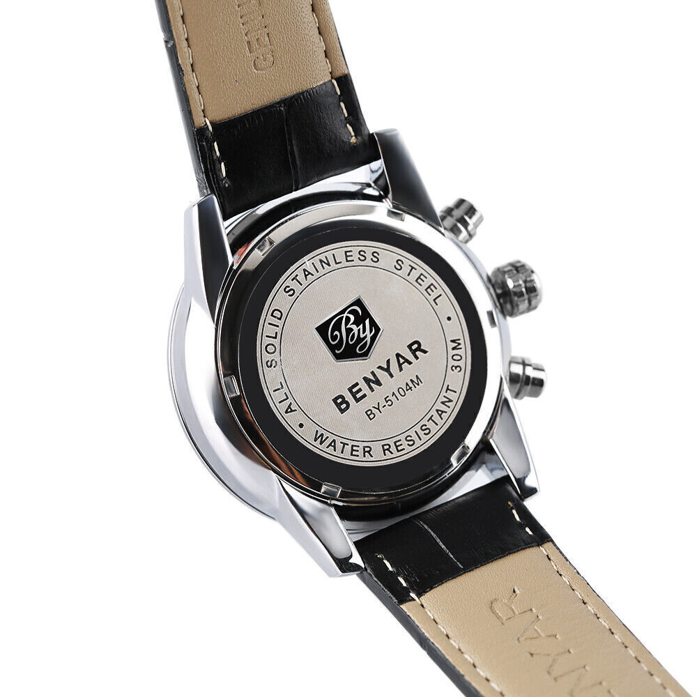 BENYAR Quartz Watch for Men Sports Chronograph Watch Waterproof Leather Strap