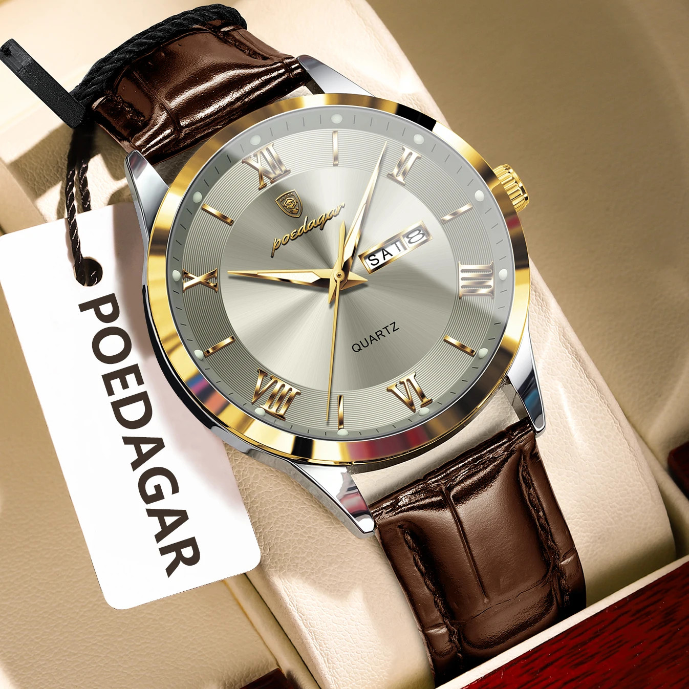 Men’s Leather Quartz Watch Waterproof Luminous Date Week Business Original