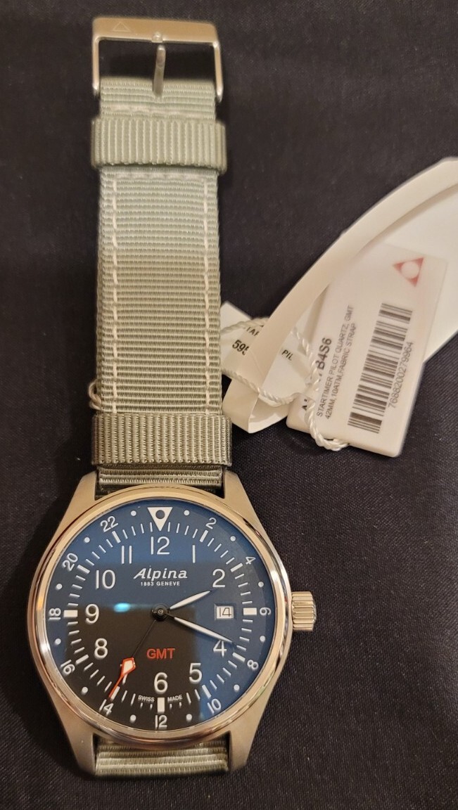 NEW Alpina AL-247B4S6 Startimer Pilot GMT Black Dial Green Canvas Men’s Watch