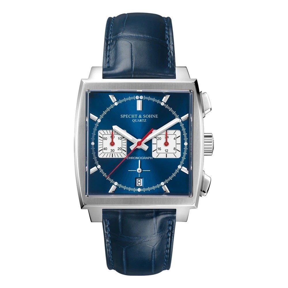 Specht & Sohne Men Luxury Quartz Chronograph Watch Stainless Steel Blue Waterpro
