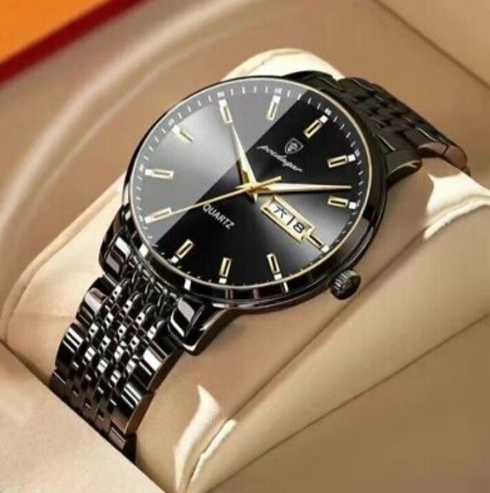 POEDAGAR Men Watch Stainless Steel Top Quailty Luxury Push Button Hidden Clasp