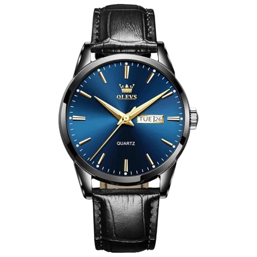 Men’s Casual Leather Watch, Easy to Read Three 05 Blue Face/Black Leather Band