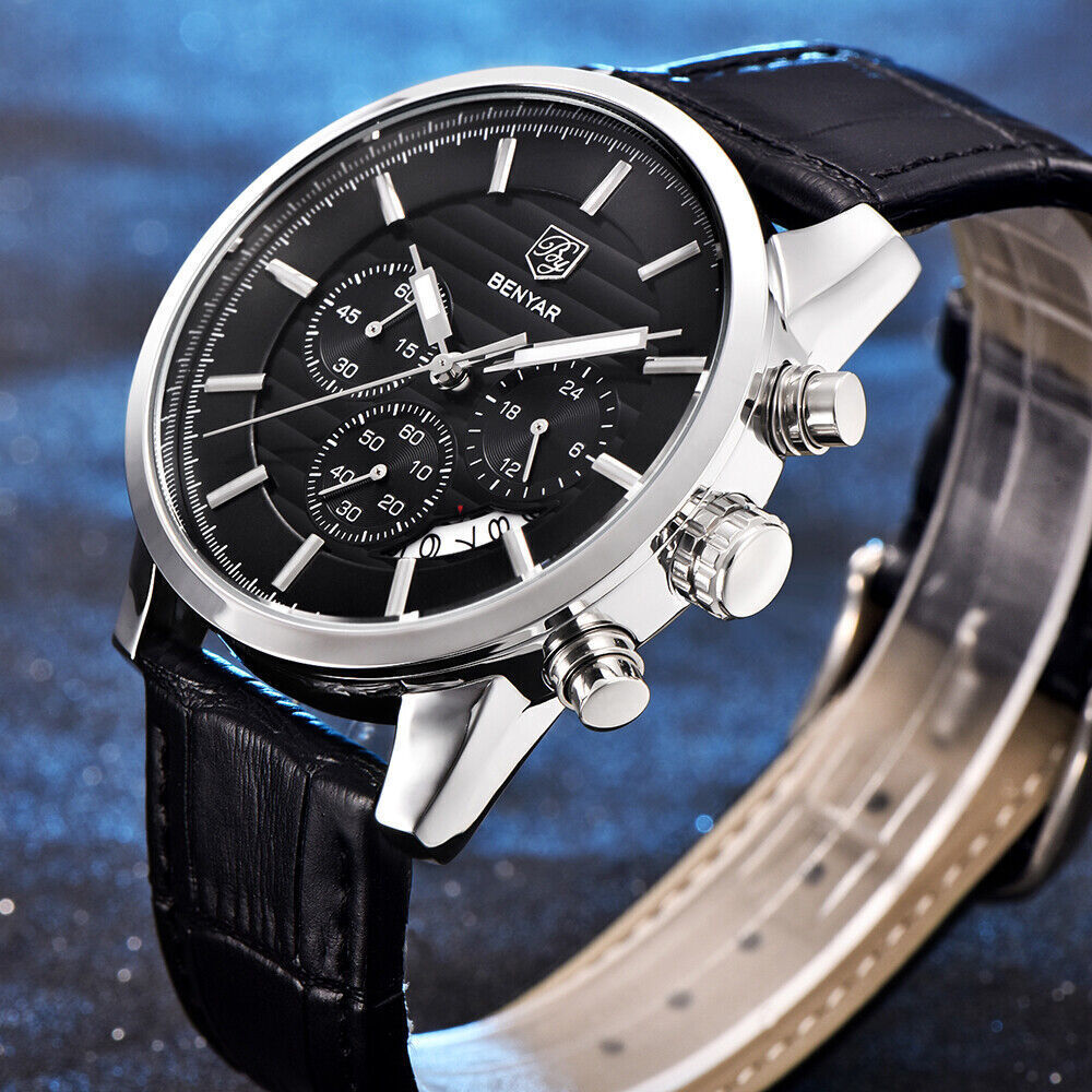 BENYAR Quartz Watch for Men Sports Chronograph Watch Waterproof Leather Strap