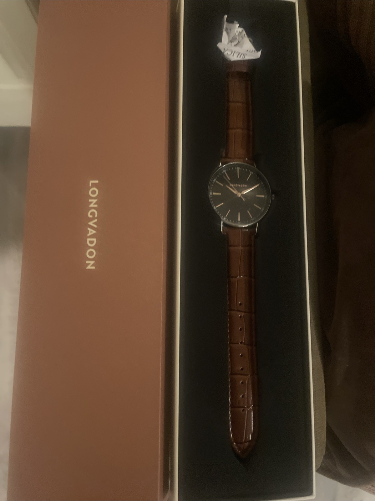Longvadon Classic Marron 40mm Silver Case Black Dial Brown Leather Quartz Watch