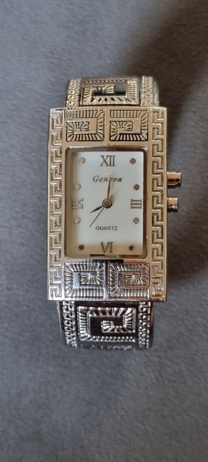 Vintage Deco Greek Key Mosaic, Rhodium Plated Bangle/Cuff, Light Up Watch