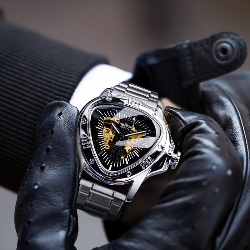 WINNER Mens Triangle Watch Steel Belt Skeleton Automatic Mechanical WristWatch