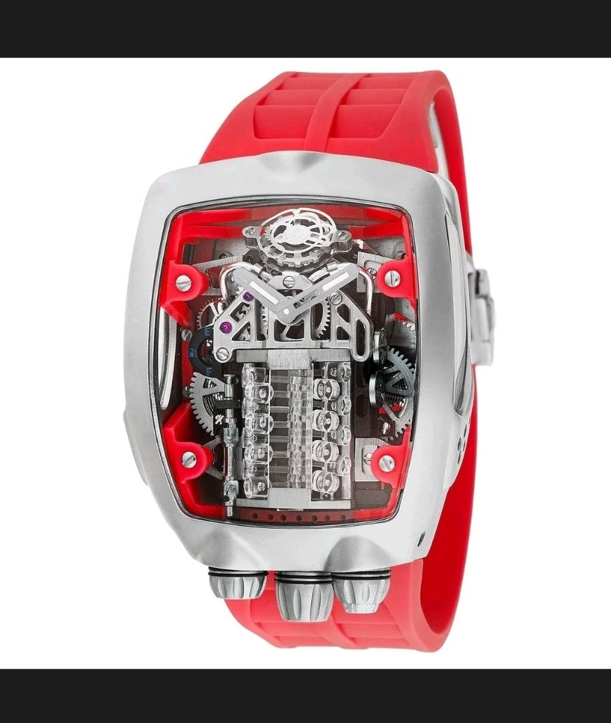 Montres Prestige Men’s Skeleton Automatic Watch – Red Silicone, Steel, 50M