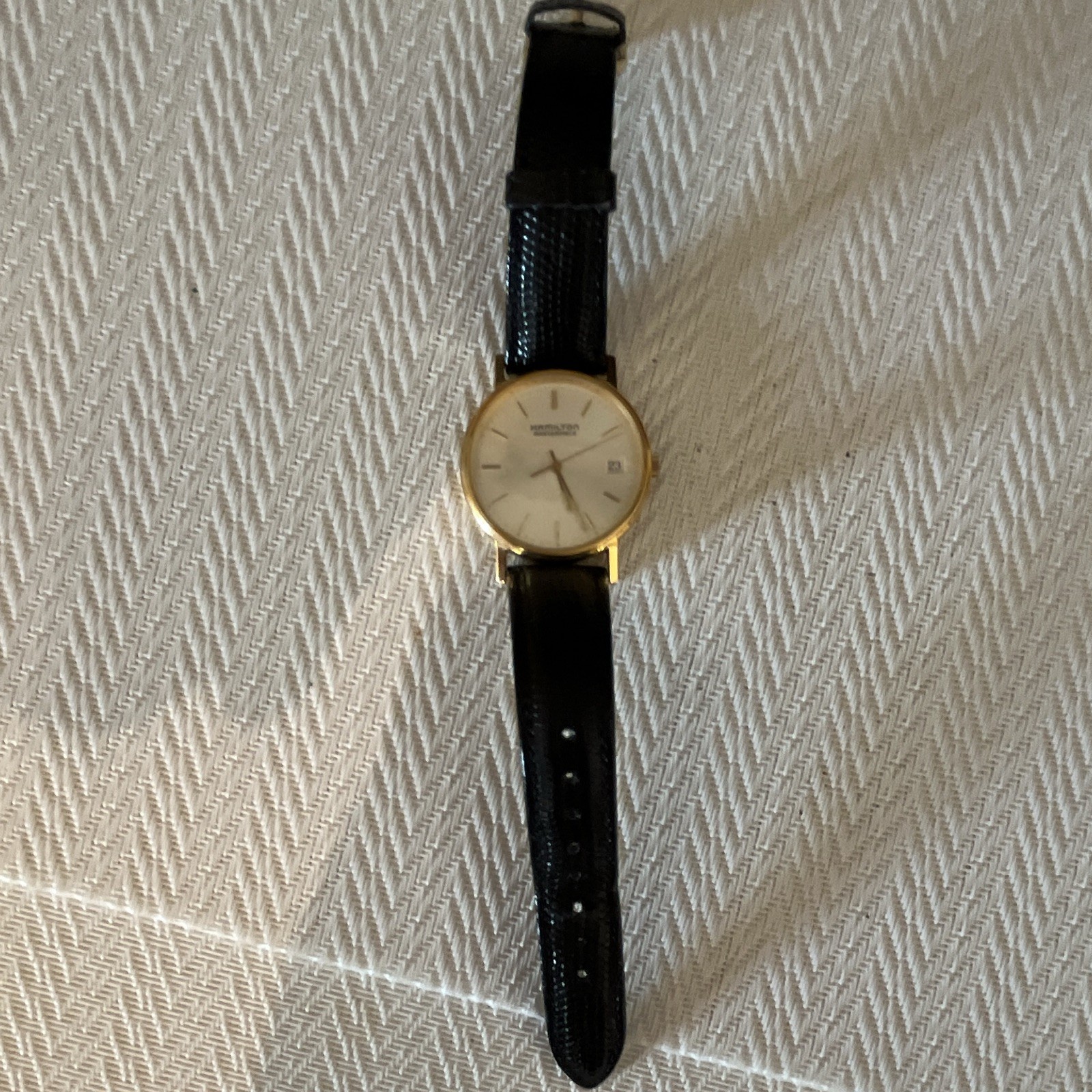 Hamilton Masterpiece Men’s Vintage Quartz 36mm Gold Plated Date Leather Watch