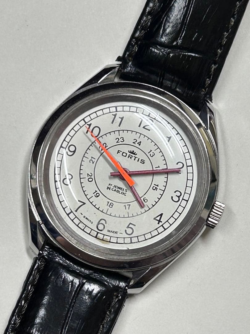 Fortis Vintage Wristwatch Manual Wind Ivory Dial Orange Hand Brown Leather Used