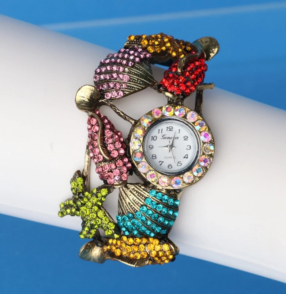 Multi-Color Fashion Crystal Sea Life Clamper Bracelet Watch New
