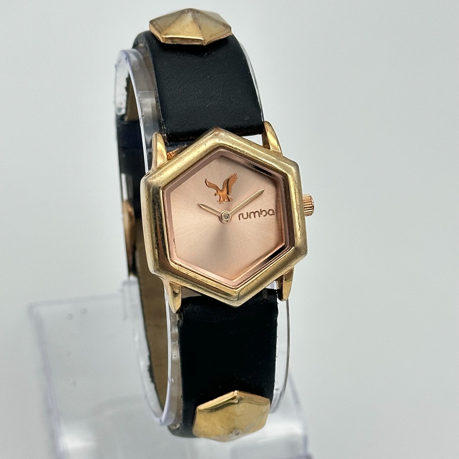 Ladies RUMBA Rose Gold Tone, Black Studded Band, American Eagle Hexagon Watch