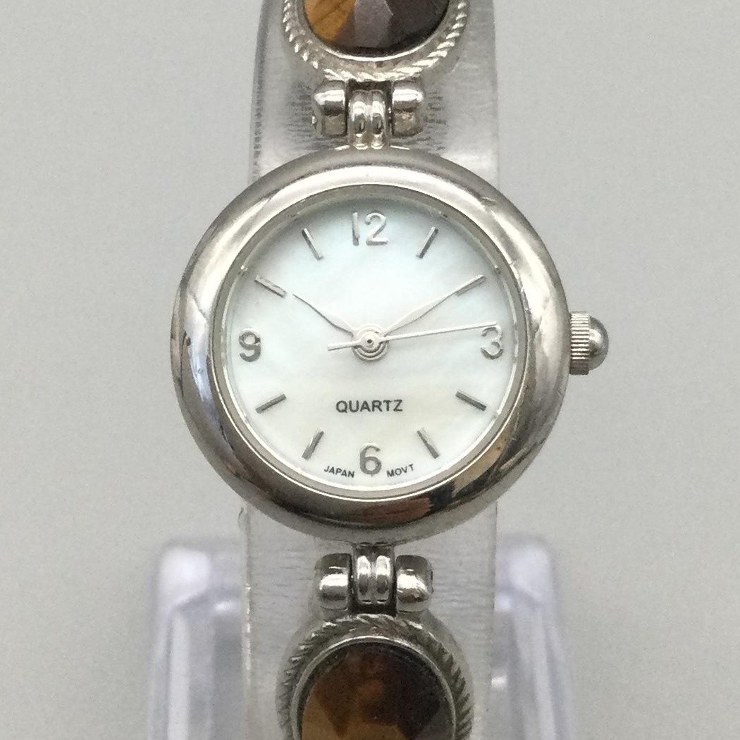 Womens Watch 22mm White Dial Silver Tone Brown Stone Bracelet New Battery 7″