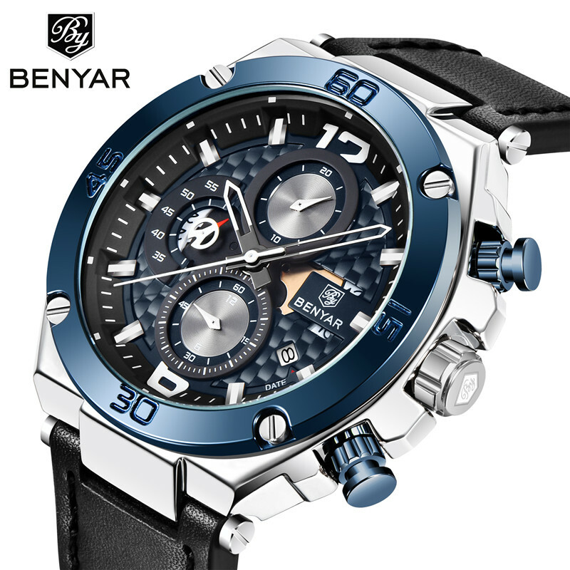 BENYAR Luxury Men Military Japan Quartz Wrist Watch Leather 30m Waterproof Sport