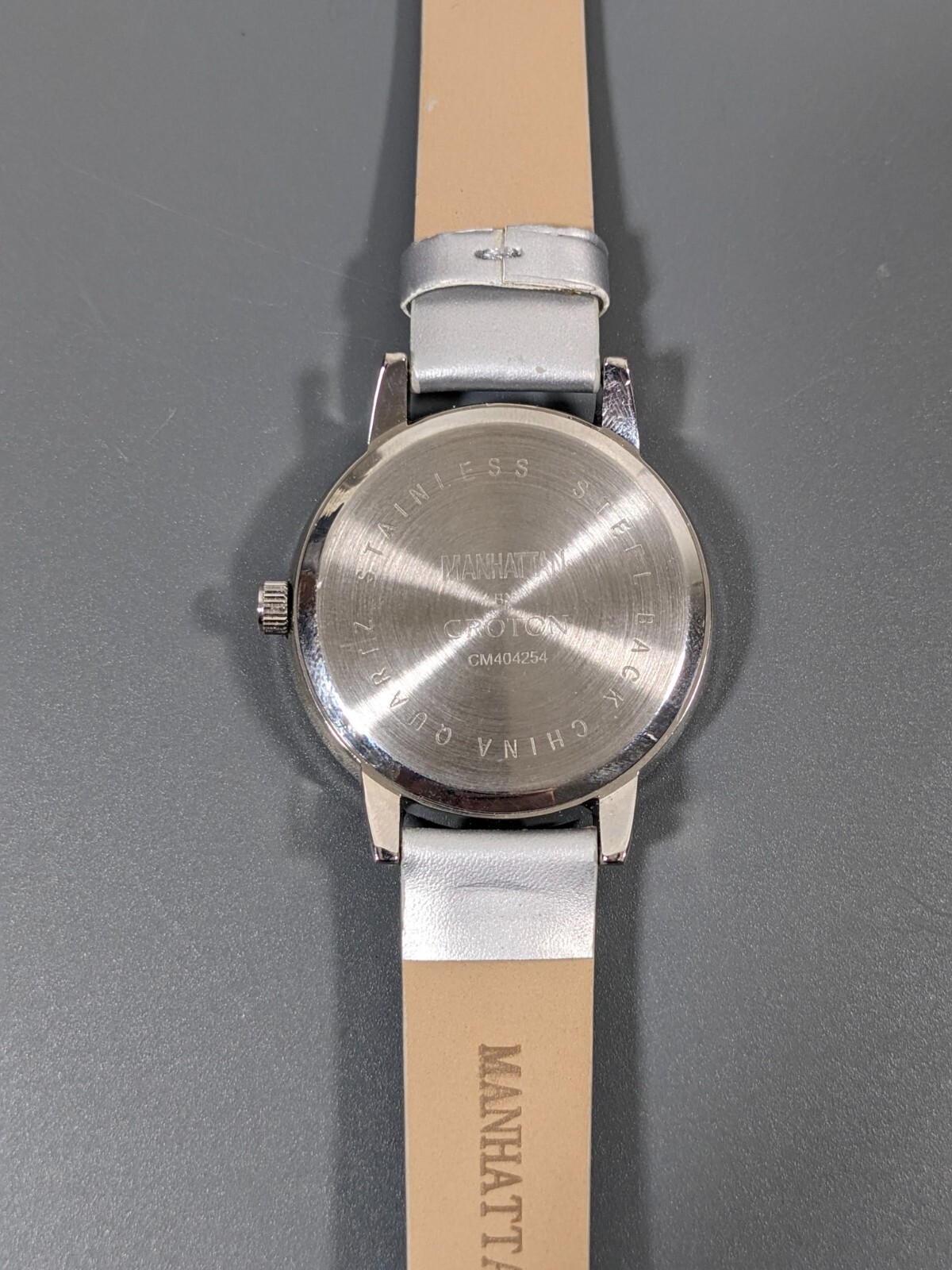 Manhattan by Croton Silvertone Crystal Accent Round Dial Gray Faux Leather Watch