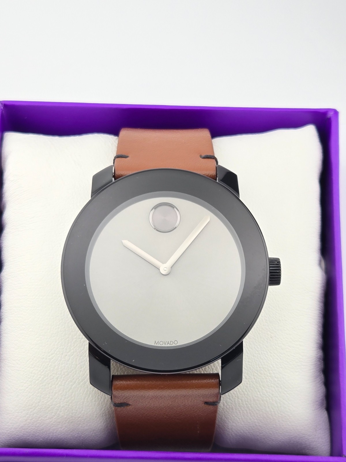 $395 MSRP | Movado Bold Men’s Gray Dial Brown Leather Watch – 3600442