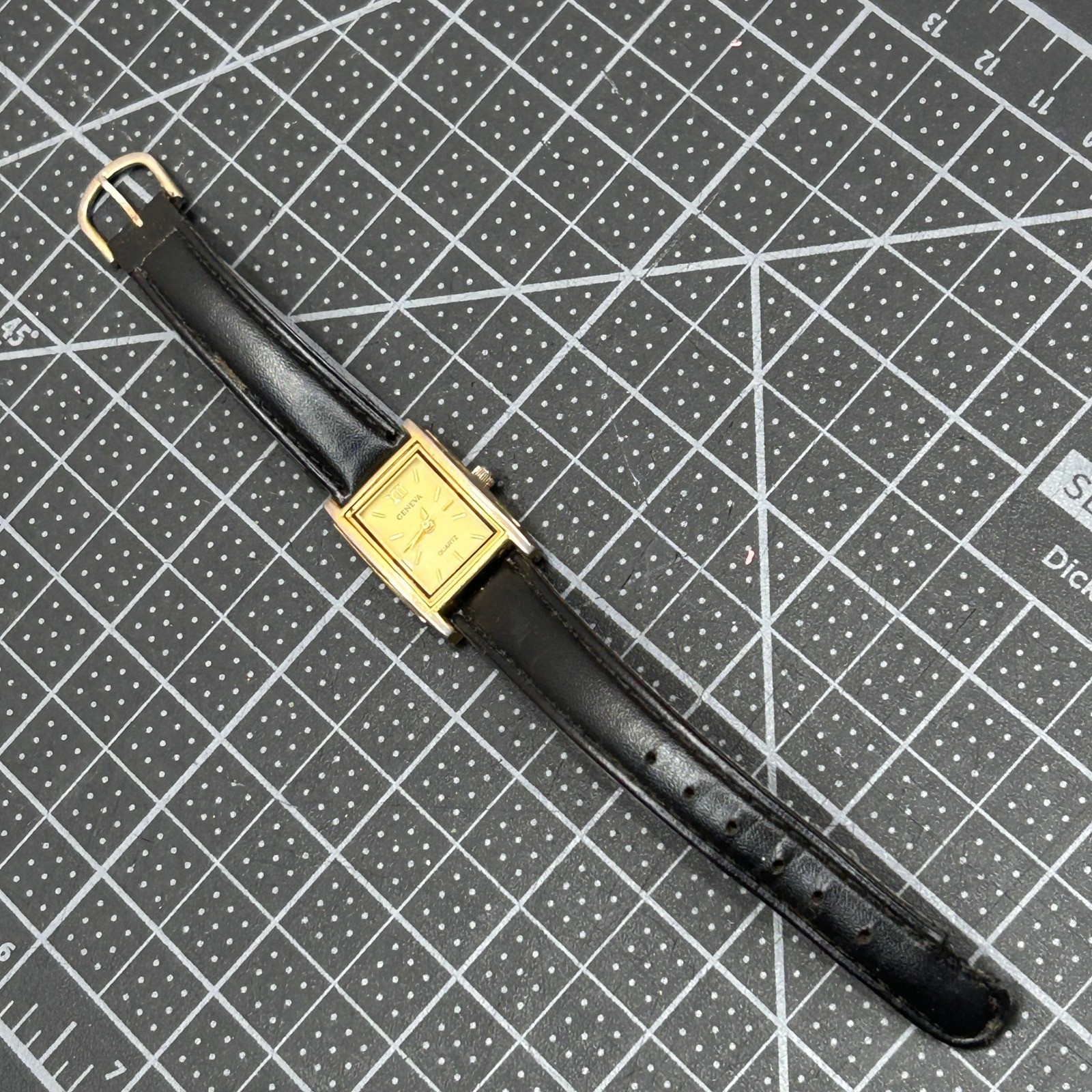 Geneva Quartz Watch Gold Tone Rectangular Case Black Leather Band Japan Movt