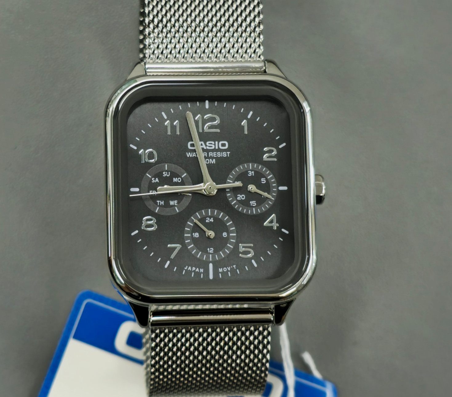 Casio MTP-M306M-8AV Mesh‑Band Multi‑Dial Classic Stainless Steel grey dial watch