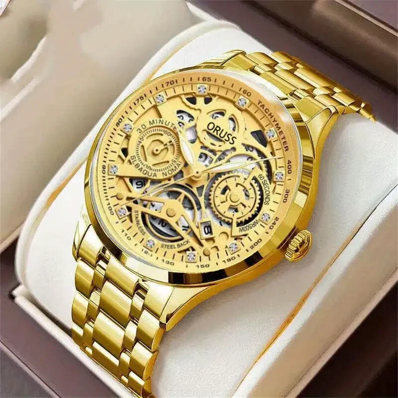 Fashion Cool Men Golden Round Dial Quartz Watch Luminous Date Display Hollow Out