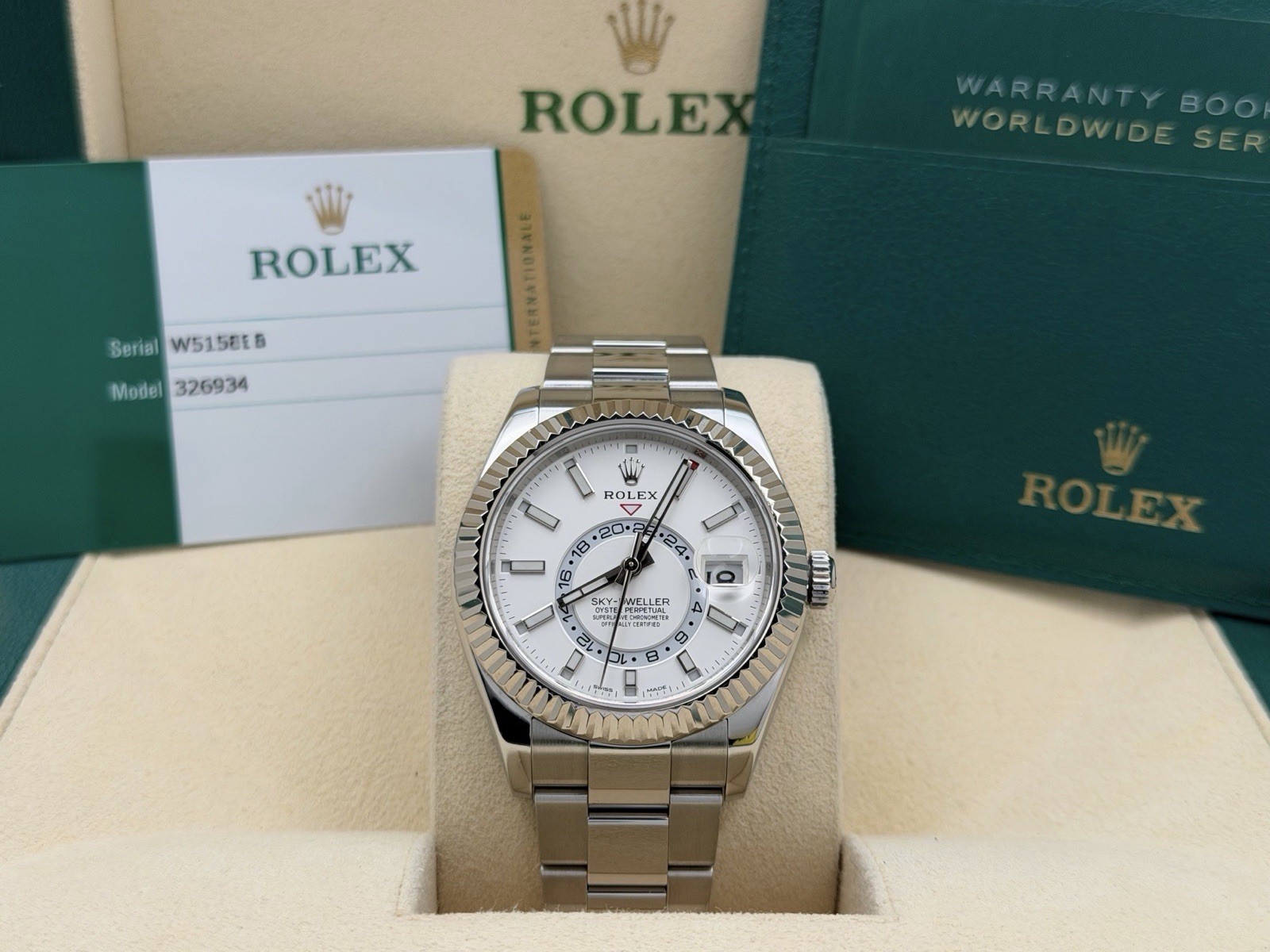 Rolex Sky Dweller 326934 42mm White Dial 18k Gold Stainless Steel Box Paper