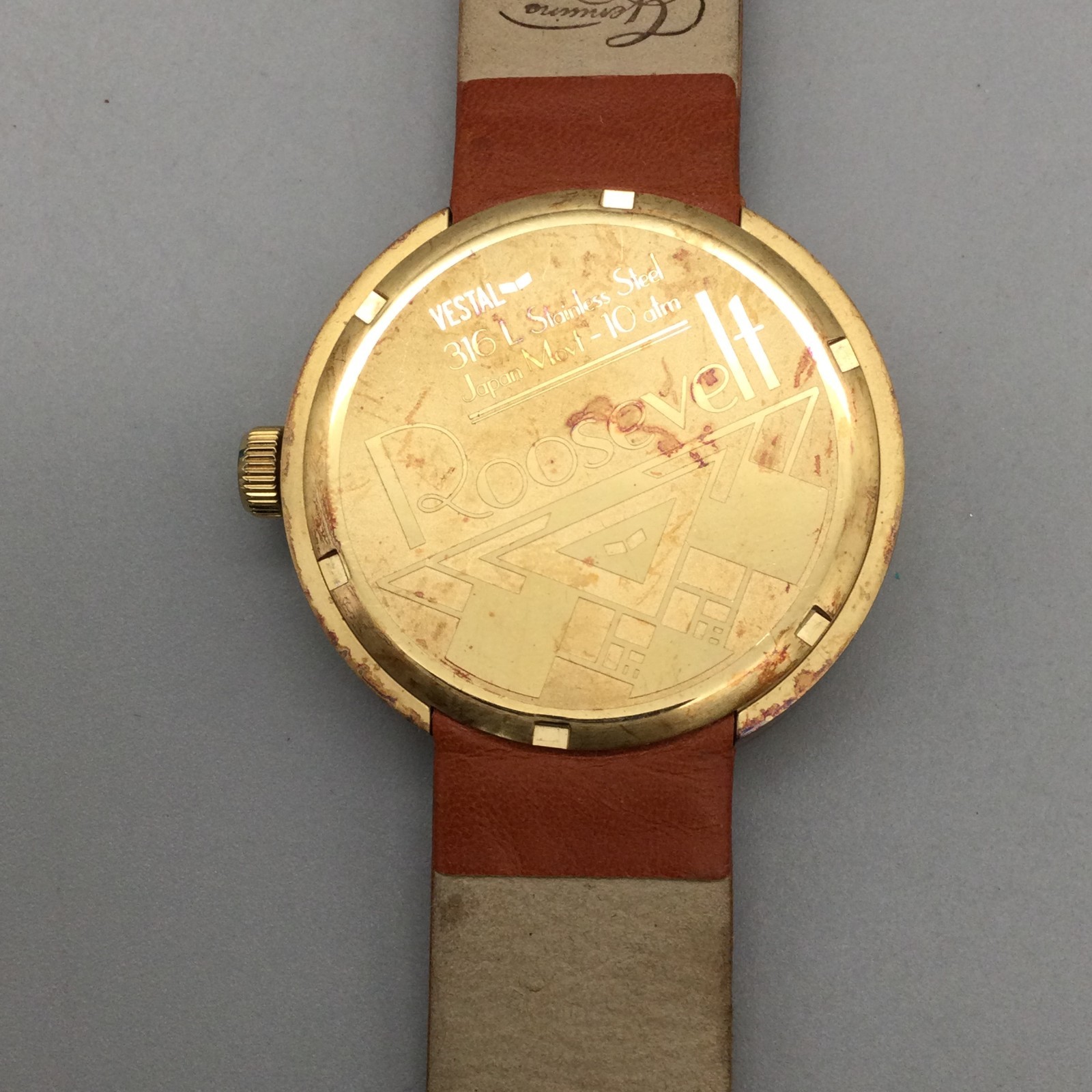 Vestal Roosevelt Watch Mens 42mm Gold Tone Stainless Steel Leather New Battery