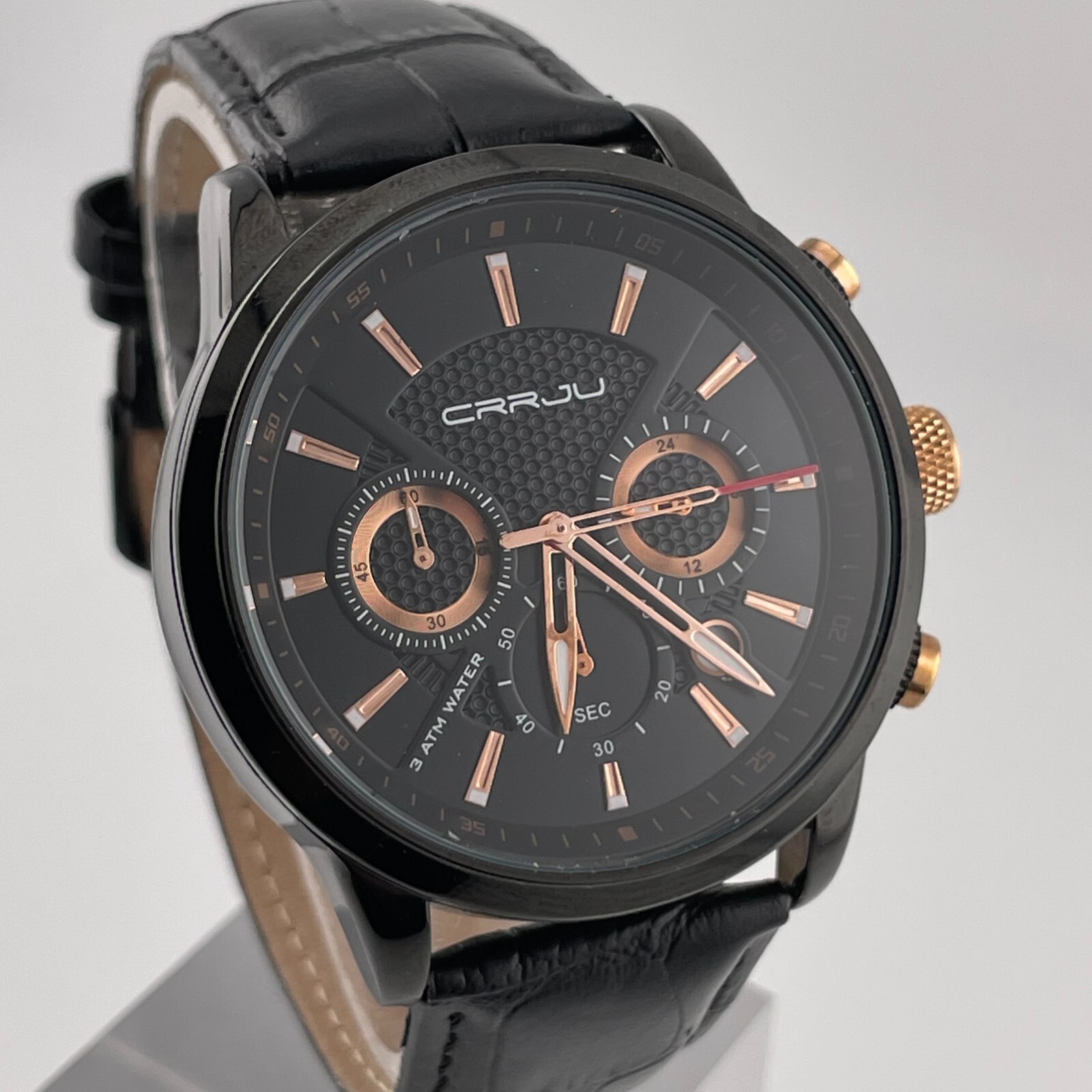 CRRJU Watch Mens Chronograph 24H Date 43mm Case Black Leather Band Quartz
